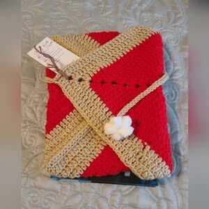 Handmade Red & Beige Crocheted Book Sleeve - 6x9" Book Or Smaller